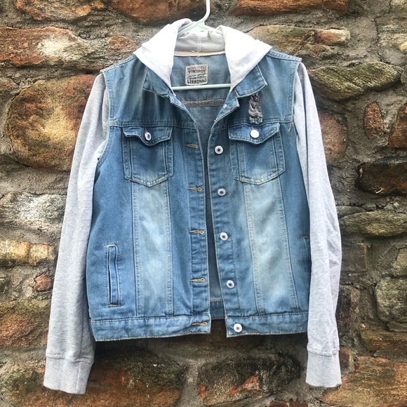 Jackets & Blazers - LIKE NEW denim jacket with grey sleeves and hood